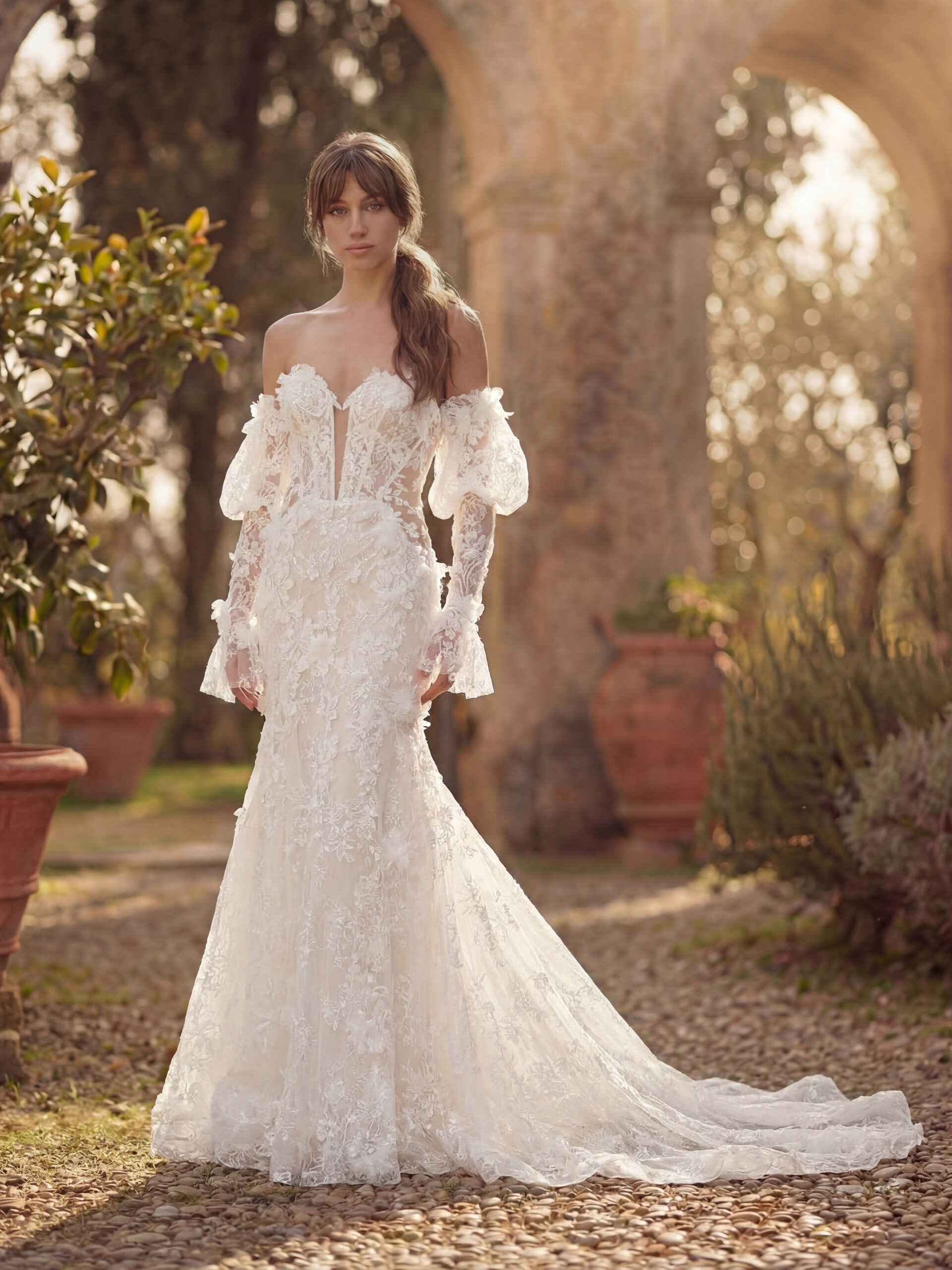 SS127BO1 Νυφικό φόρεμα San Patrick Studio Crezia γοργονέ από 3D δαντέλα με αποσπώμενα μανίκια ATHENAV Bridal