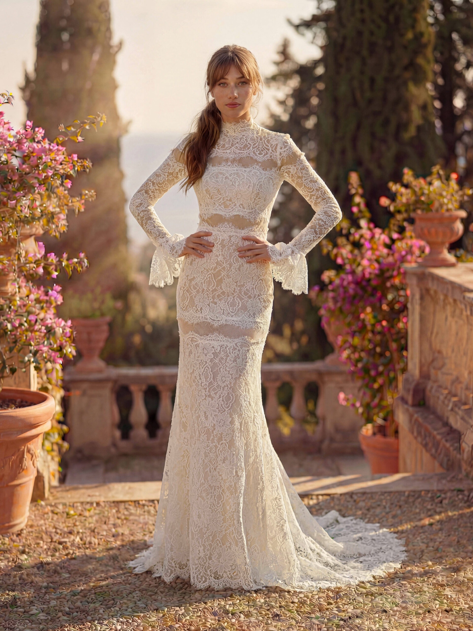 SS127BH1 Νυφικό φόρεμα San Patrick Studio Lilliette γοργονέ από δαντέλα Chantilly με ψηλό γιακά ATHENAV Bridal