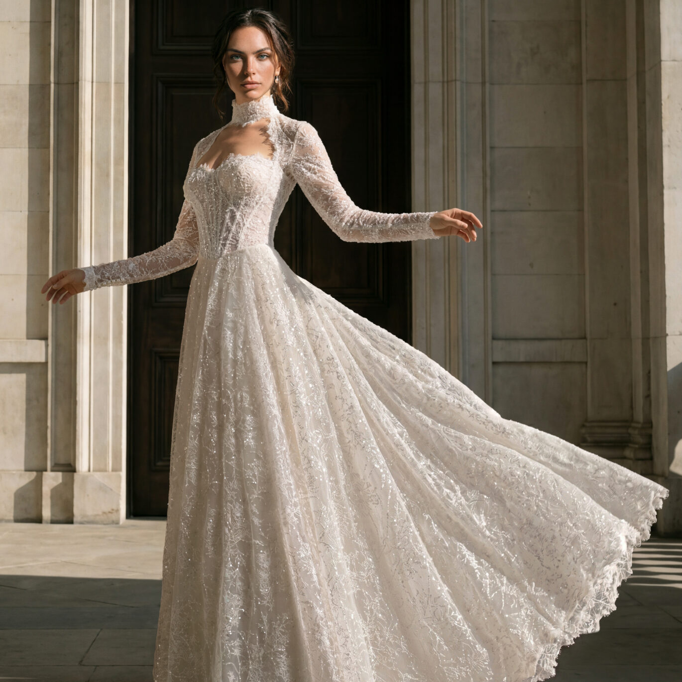 Νυφικό φόρεμα Pronovias Privée Lyvorin Α γραμμή από δαντέλα με αποσπώμενο μπολερό ATHENAV Bridal