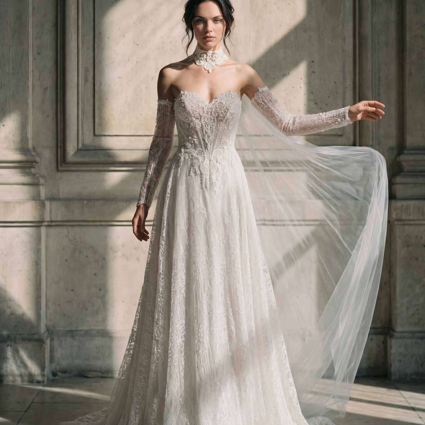 Νυφικό φόρεμα Pronovias Privée Luxenor Α γραμμή από δαντέλα Chantilly με πέρλες, κάπα και μανίκια ATHENAV Bridal
