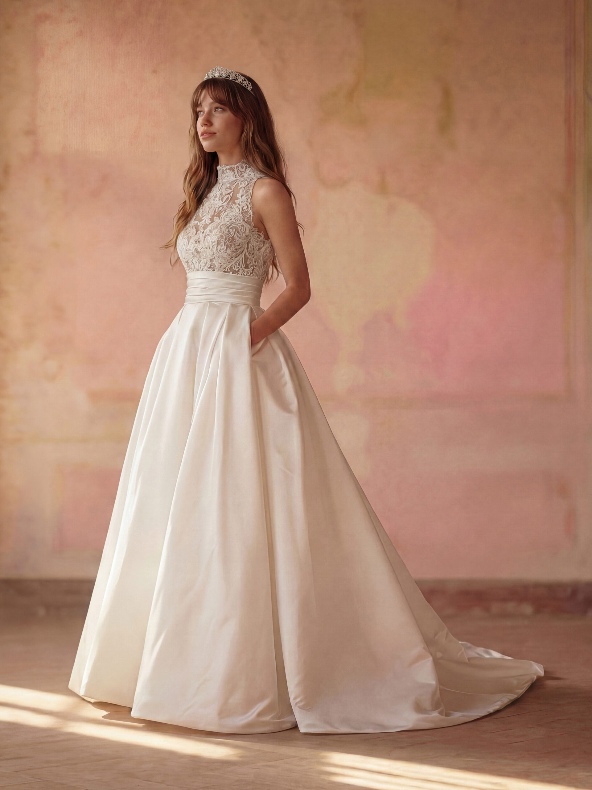 SS127AJ1 Νυφικό φόρεμα San Patrick Studio Maelis Α γραμμή από mikado και δαντέλα με ψηλό γιακά ATHENAV Bridal