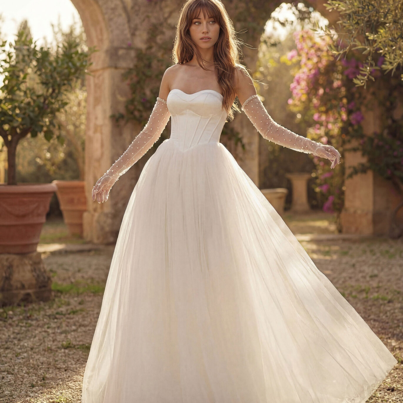 Νυφικό φόρεμα San Patrick Studio Montreval πριγκιπικό ballgown με κορσέ και γάντια με πέρλες ATHENAV Bridal
