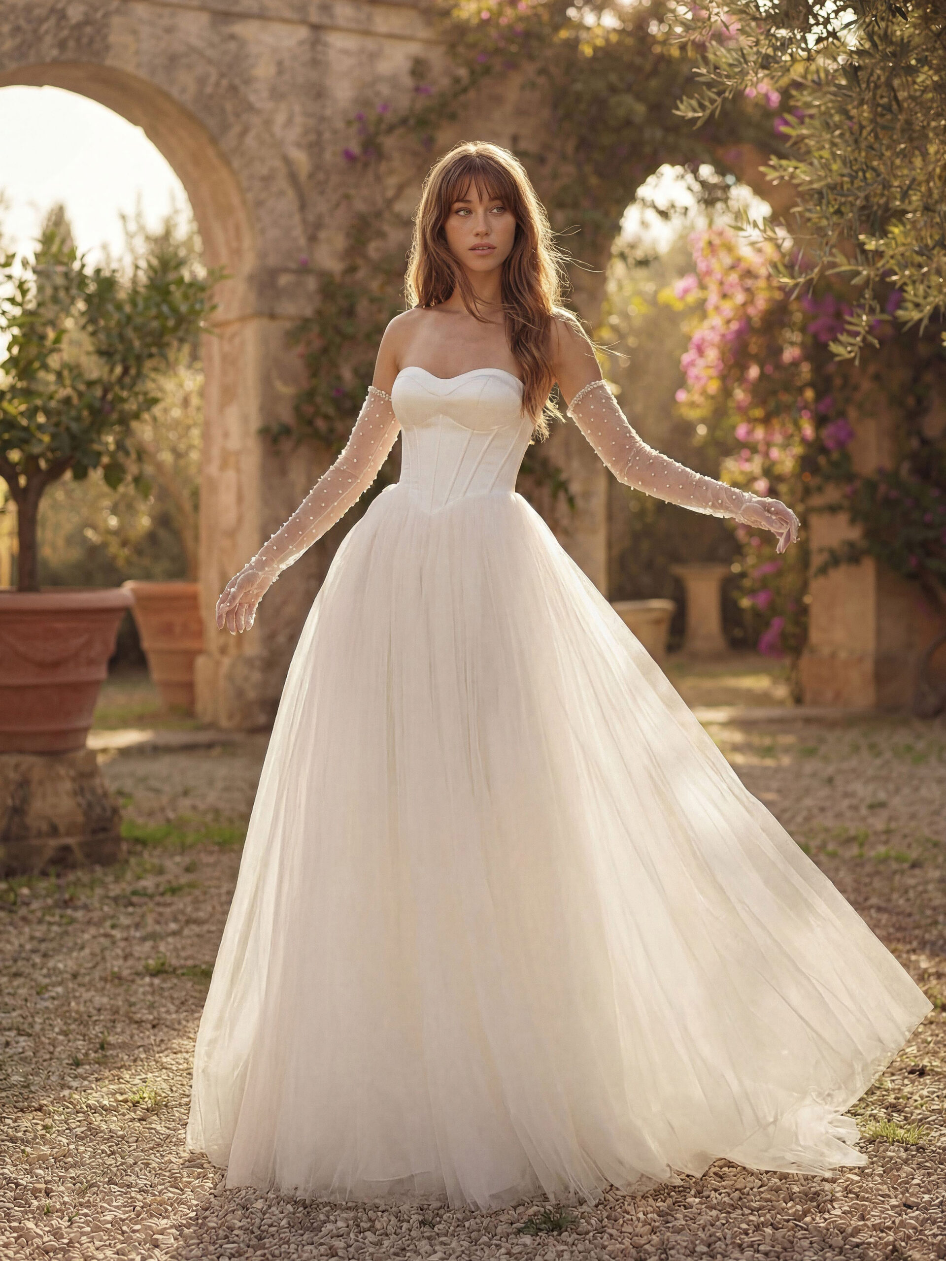 SS127AQ1 Νυφικό φόρεμα San Patrick Studio Montreval πριγκιπικό ballgown με κορσέ και γάντια με πέρλες ATHENAV Bridal