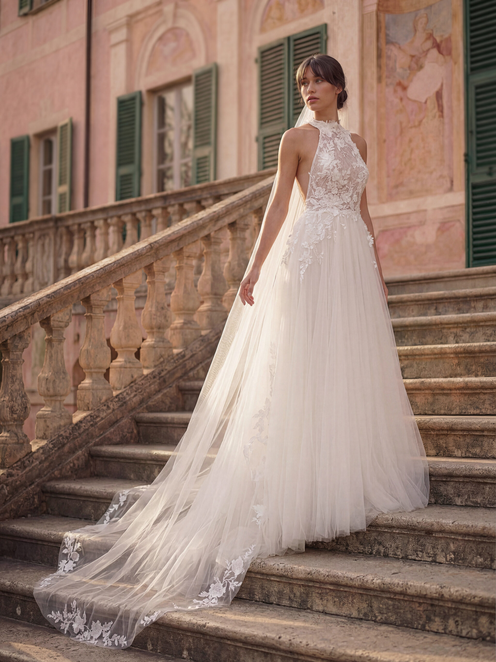 SS127CA1 Νυφικό φόρεμα San Patrick Studio Notturnia Α γραμμή από πλισέ τούλι με halter λαιμόκοψη ATHENAV Bridal